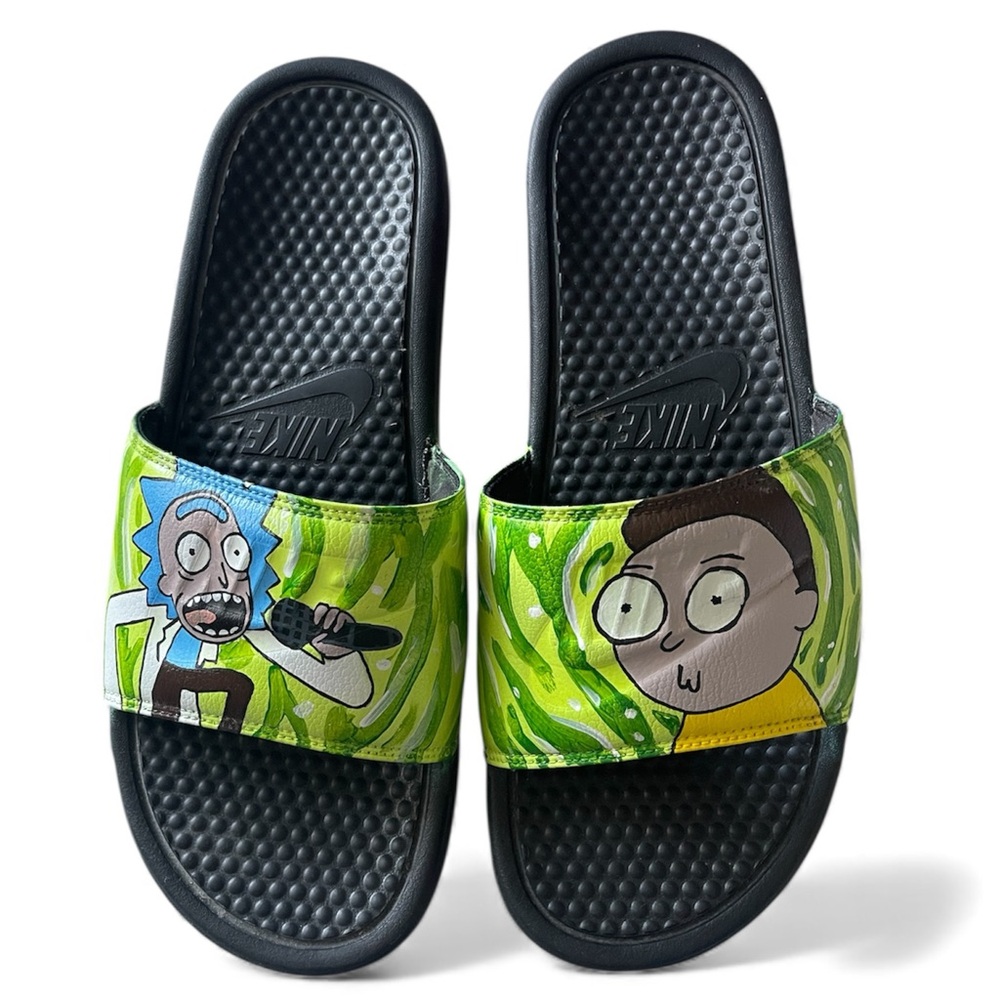 Nike Benassi + Rick & Morty Size 11 Handpainted Slides - Picture 1 of 6